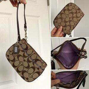 COACH✨Signature Jacquard Canvas Wristlet with Dark Brown Patent Trim